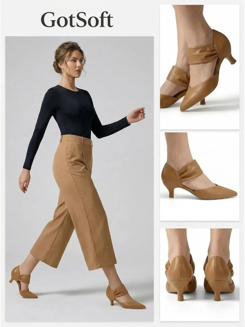 Women's Leather Brown Low Kitten Heel Pointed Toe Slip On Pump Ankle Strap Shoes